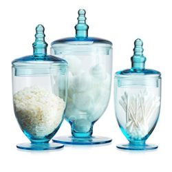 Elegant Blue Set of 3 Glass Apothecary Jars with Lid