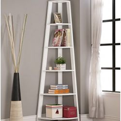 White Finish Wood Wall Corner 5-Tier Bookshelf Bookcase
