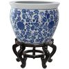 Oriental Furniture 16" Floral Blue & White Porcelain Fishbowl