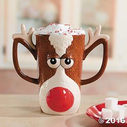 Reindeer Face Holiday Mug w/ Red Nose and Antlers by FE