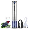 FLASNAKE Rechargeable Electric Wine Opener with sleek stainless steel design, blue light indicator, and foil cutter for easy wine bottle opening. 