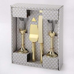 FavorOnline Gold 4 Pieces Tosting Glasses and Cake and Knife Server Set
