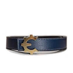 Genii Leather Belt - Brushed Gold Buckle, Blue/Black Leather