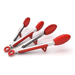 Kitchen Tongs with Built-in Stand, Set of 2, Red, 10.5 Inch,