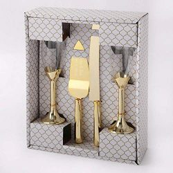 Engraved Gold 4 Piece Champagne Glass and Cake and Knife Servers Wedding