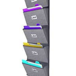 Over The Door Hanging File Organizer Wall Mounted, Office Supplies Storage Holder Pocket Chart for Magazine,Notebooks,Planners,File Folders,5 Large Pockets Grey