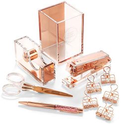 Stylish Office Desk Accessories and Supplies Kit For Women , Rose Gold - 10-Piece Desktop Accessory Set for Office, Home - Work, Writing, and Project Organizer with Copper Pen, Scissors, Stapler