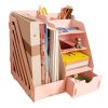 MineDecor Wood Desk Organizer Drawer Trays Office Desktop Organizers File Holders Office Supplies 4 Tier 6 Compartments (Pink)