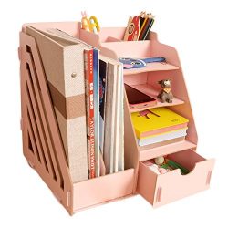 MineDecor Wood Desk Organizer Drawer Trays Office Desktop Organizers File Holders Office Supplies 4 Tier 6 Compartments (Pink)