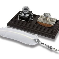 Classic Writer's Desk Organizer Bundle with White Quill Pen Inkwell & Blotter