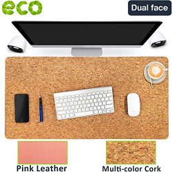 Aothia Eco-Friendly Natural Cork & Leather Double-Sided Office Desk Mat 31.5" x 15.7" Mouse Pad Smooth Surface Soft Easy Clean Waterproof PU Leather Desk Protector for Office/Home(Multicolored)