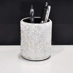 Bestbling Crystal Pencil Pen Pot Holder Box Bling Rhinestone Pen Organizer Holder Cosmetic Pen Container (Silver, Round)