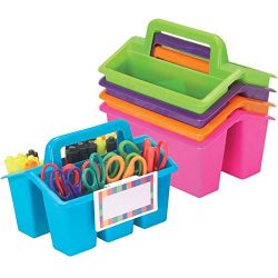 Really Good Stuff Four-Compartment Caddies (Set of 5) - Neon - Perfect to Color-Code Tables, Group Work - Built-In Handles, Clip-On Label Holders - Stackable for Easy Storage