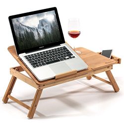 HANKEY Bamboo Large Foldable Laptop Notebook Stand Desk with Height Adjustable Legs Drawer Cup Holder,Bed Table Serving Tray for Eating Breakfast, Reading Book, Watching Movie on iPad