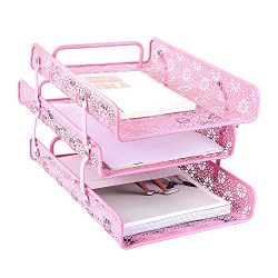 Crystallove Metal Hollow 3-Tier Document Tray Files Sorter Paper Holder Magazine Frame of Desk Accessories Office Supplies Organizer (Pink)