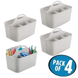 mDesign Small Office Storage Organizer Utility Tote Caddy Holder with Handle for Cabinets, Desks, Workspaces - Holds Desktop Office Supplies, Gel Pens, Pencils, Markers, Staplers - 4 Pack - Light Gray