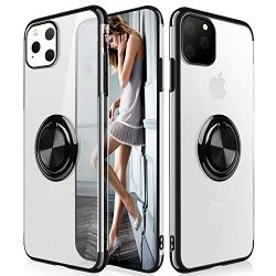 iPhone 11 Pro Case,WATACHE Clear Crystal Ultra Slim Soft TPU Electroplated Frame Case Cover with Built-in 360 Rotatable Ring Kickstand for Apple iPhone 11 Pro,Black
