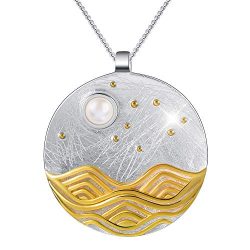 Lotus Fun S925 Sterling Silver Necklace Pendant Moonlight on The Sea Pendant with Link Chain Length 17inches, Handmade Jewelry Gift for Women and Girls (Silver)
