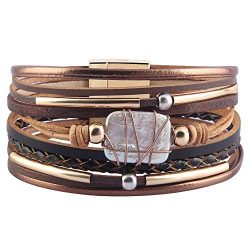 AZORA Womens Leather Cuff Bracelet Baroque Pearl Wrap Bracelets Gorgeous Gold Tube Bangle Handmade Wristbands Jewelry Bohemian Gift for Women, Teen Girls, Mother (Brown)