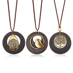 Hanpabum 3Pcs Vintage Handmade Wood Pendant With Cute Charms Long Leather Necklace Sweater Chain for Girl Women Long Necklace All-Match Style Gift