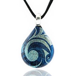 Chuvora Women’s Handblown Murano Glass Blue Sea Wave Teardrop Pendant Necklace, 17+2” Extender