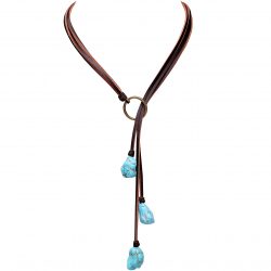 Bohemian Synthetic Turquoise Necklace Handmade Vintage Y-shaped Jewelry with Genuine Flat Brown Leather