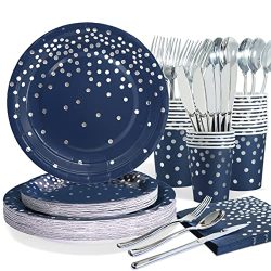Wedding Navy Blue Paper Plate with Silver Dot Serve