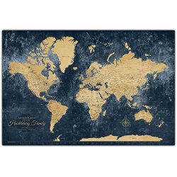 Gold & Navy Textured Push Pin World Map