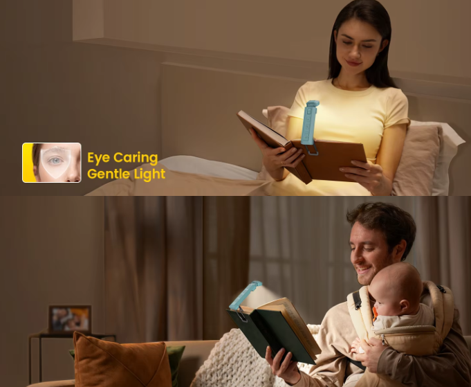 Foldable USB rechargeable book light with enhanced brightness and wide coverage, featuring adjustable color temperatures and brightness levels for a personalized reading experience.