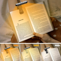 ET-Head horizontal book light with adjustable brightness, USB rechargeable, ideal for nighttime reading in bed without disturbing others.