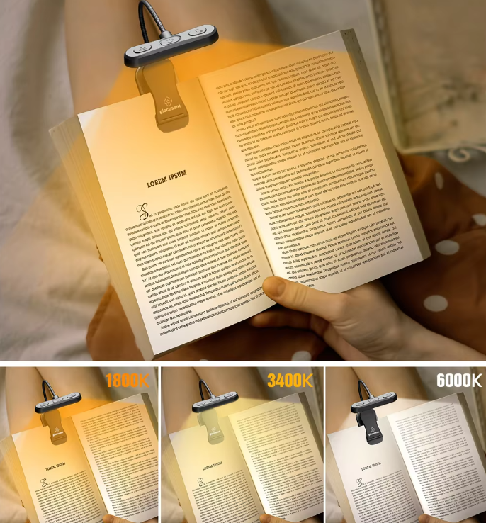 ET-Head horizontal book light with adjustable brightness, USB rechargeable, ideal for nighttime reading in bed without disturbing others.