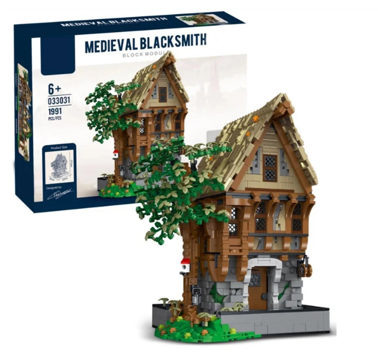 Medieval Blacksmith Shop and Magic House Building Blocks Set with Built-In Lights – Perfect for Display and Creative Play.