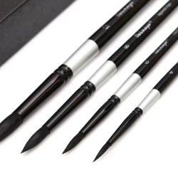 A sleek set of four black-handle round brushes, each crafted with premium squirrel hair for precision and control in watercolor and gouache painting.