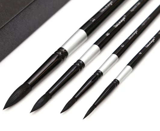 A sleek set of four black-handle round brushes, each crafted with premium squirrel hair for precision and control in watercolor and gouache painting.