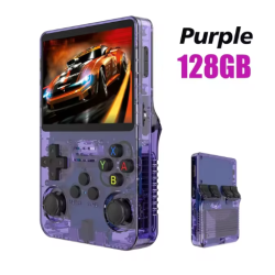 "R36S Retro Handheld Game Console featuring a 3.5-inch IPS screen and portable design, available with 64GB and 128GB storage options for a nostalgic gaming experience.