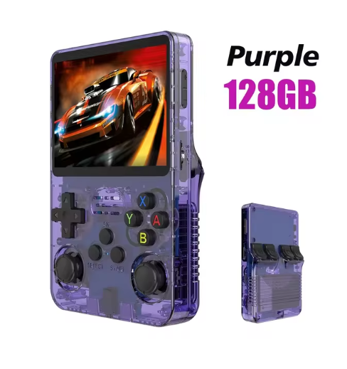 "R36S Retro Handheld Game Console featuring a 3.5-inch IPS screen and portable design, available with 64GB and 128GB storage options for a nostalgic gaming experience.