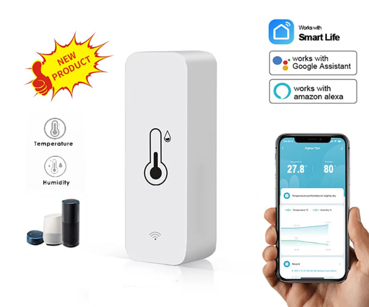 Tuya WiFi Temperature Humidity Sensor displaying real-time data, designed for smart home integration with Alexa and Google Assistant compatibility. 