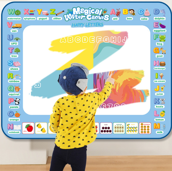 100x80CM Magic Water Drawing Mat with reusable magic pens and educational accessories, perfect for mess-free creativity and learning.