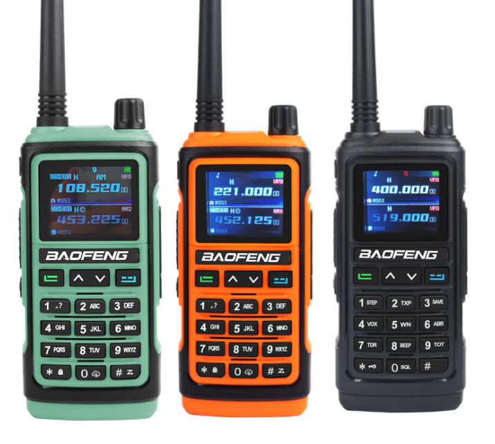 Baofeng UV-17Pro GPS Walkie Talkie featuring a large color screen, waterproof design, and versatile frequency range for outdoor and emergency communication. 