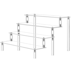Clear multi-tier acrylic display stand showcasing cupcakes, perfumes, and figurines, ideal for home or store use.