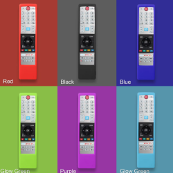 Silicone case in vibrant colors for Toshiba remote control, showcasing its protective and anti-slip features.