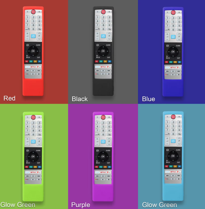 Silicone case in vibrant colors for Toshiba remote control, showcasing its protective and anti-slip features.