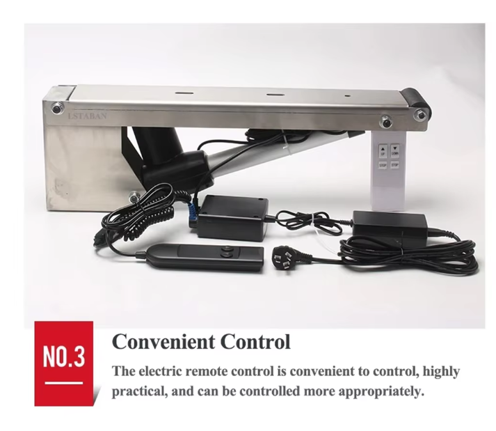 Stainless steel remote-controlled electric hydraulic hinge for heavy cellar or basement doors.