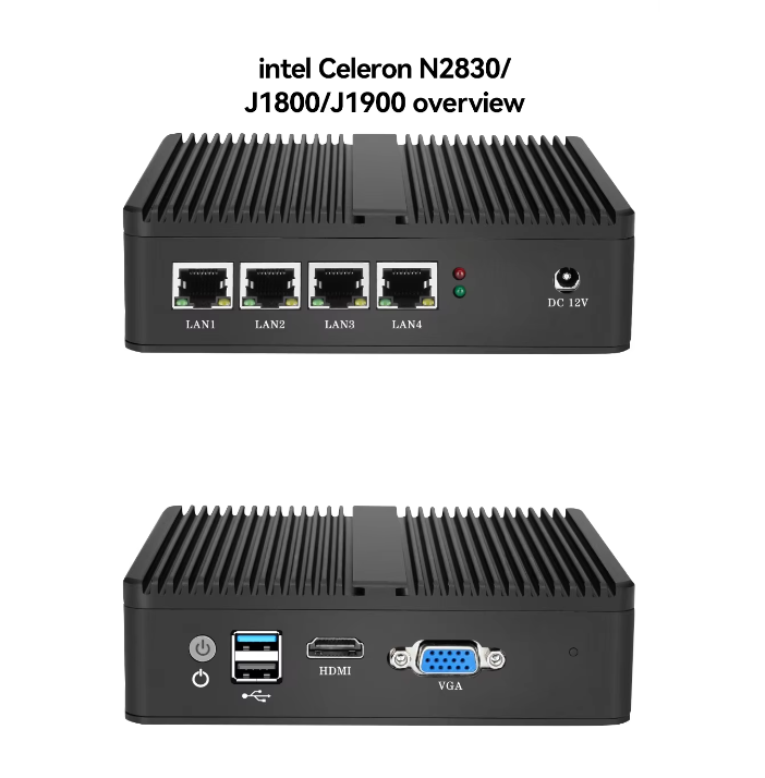 Fanless Firewall Appliance Mini PC with Intel Celeron J4125, 2.5G LAN ports, ideal for secure networks and VPN setups. 