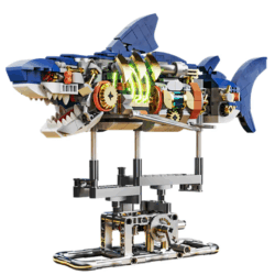 Mechanical Shark Building Set - 687 Pieces of Eco-Friendly Blocks with Display Stand and LED Lights for Kids Aged 6-8