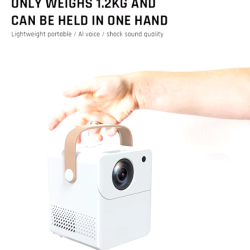 Portable 4K projector with Android 11 OS and dual WiFi6 for home and outdoor cinema setup. 