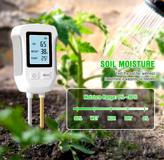 3-in-1 Digital Soil Tester with LCD display, measures soil moisture, pH, and temperature for healthier plant care in gardens and homes. 